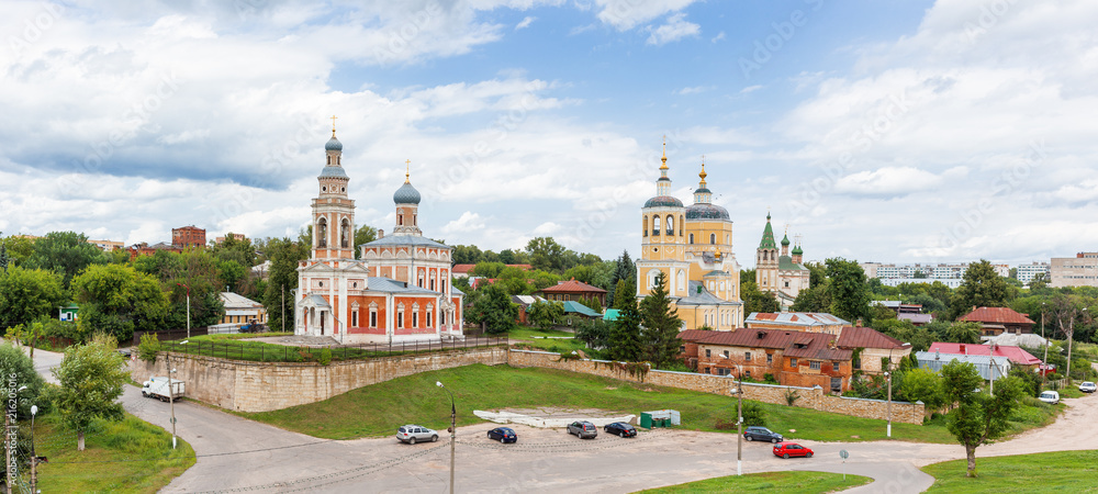 Panorama view on Assumption Church on the Hill and Church Of Elijah The Prophet, medieval orthodox churches in Serpukhov, Moscow region, Russia. Panorama view on Assumption Church on the Hill and Church Of Elijah The Prophet, medieval orthodox churches in Serpukhov, Moscow region, Russia.