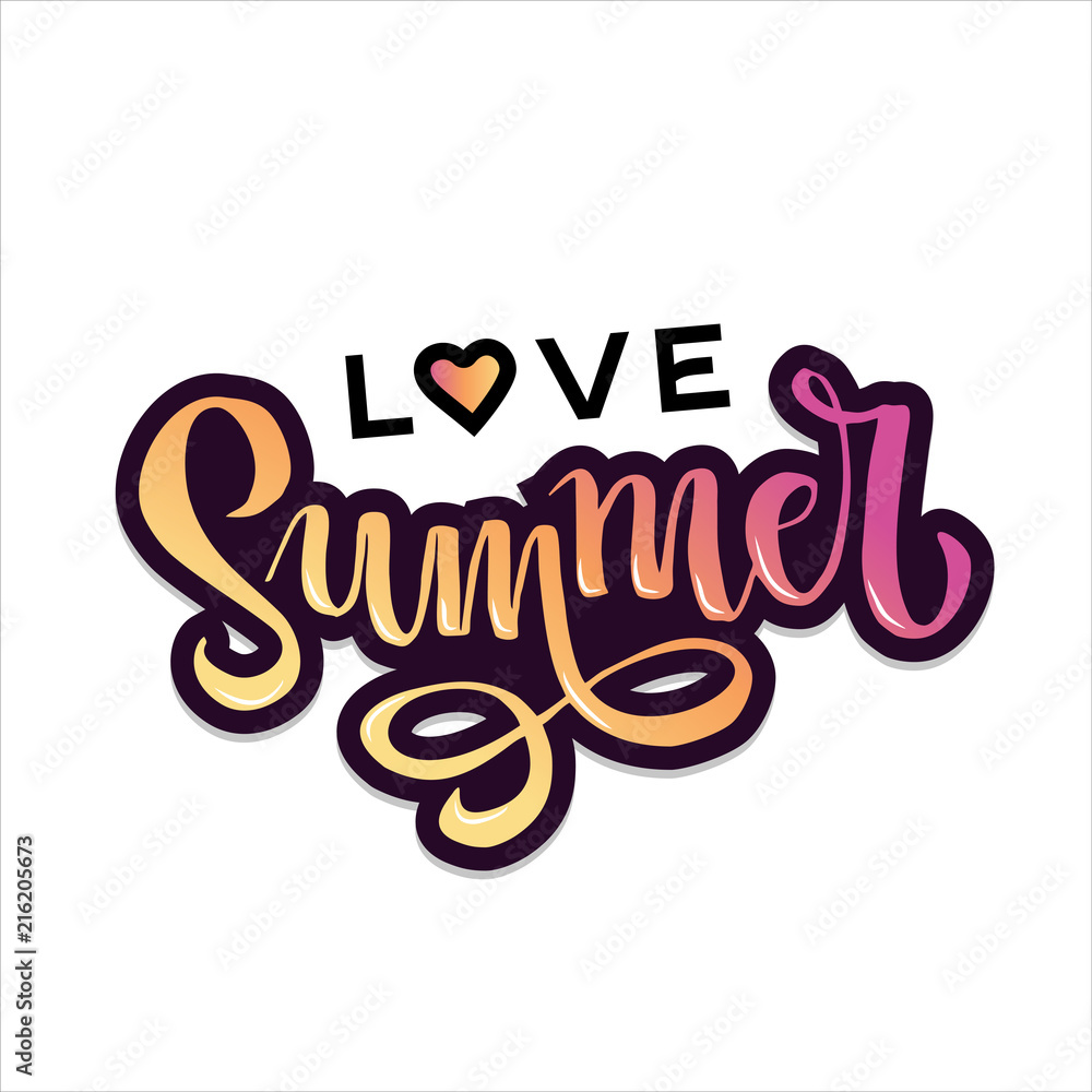 Hand drawn lettering love summer with heart in world love and pink yellow gradient. Abstract design card for prints, flyers, banners, invitations, t-shorts design, special offer