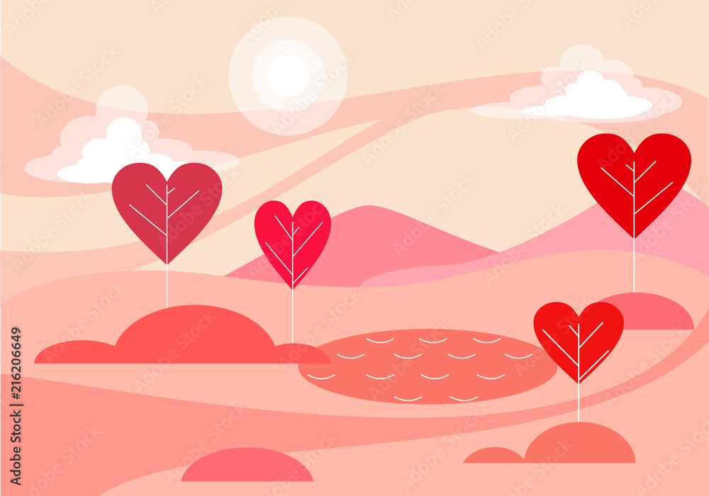 Fantasy forest of love with hearts. Vector illustration.