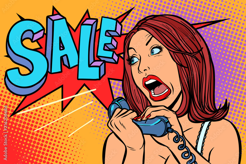 Sale discounts. Woman screams in phone