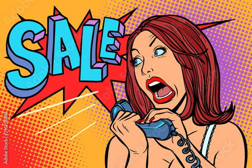Sale discounts. Woman screams in phone