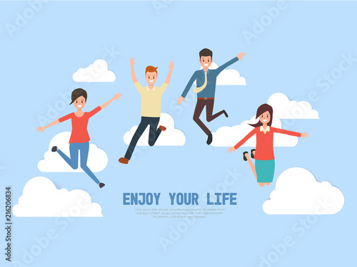 group people jumping on the cloud background. enjoy the life. freedom infographic.