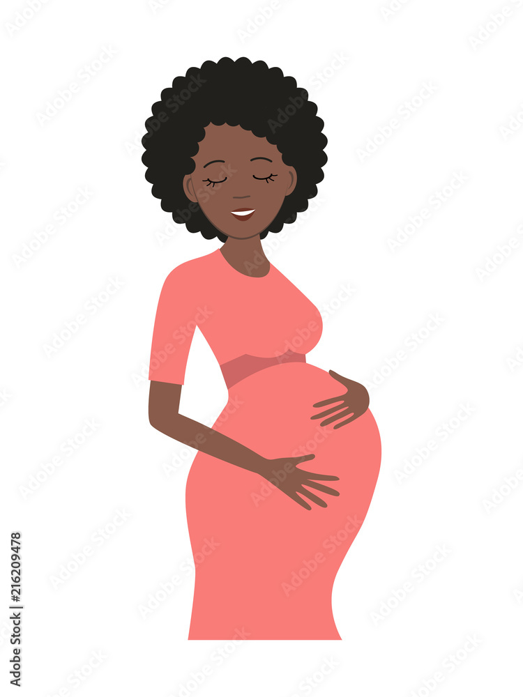 Cute pregnant woman in pink dress isolated on a white background. A smiling black woman holds her hands on her stomach. Vector illustration in cartoon style Stock Vector | Adobe Stock Cute pregnant woman in pink dress isolated on a white background. A smiling black woman holds her hands on her stomach. Vector illustration in cartoon style Stock Vector | Adobe Stock