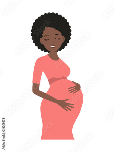 Cute pregnant woman in pink dress isolated on a white background. A smiling black woman holds her hands on her stomach. Vector illustration in cartoon style