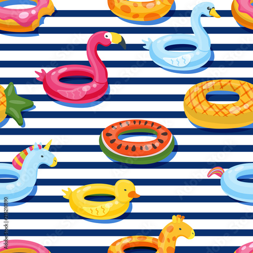 Vector seamless swimming pool float rings pattern. Multicolor inflatable cute...
