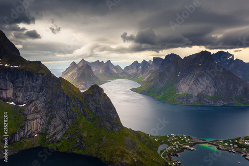 Panoramic view of the fishing town of Reine from the top of the Reinebringen viewpoint in the Lofoten Islands, Norway © rpbmedia