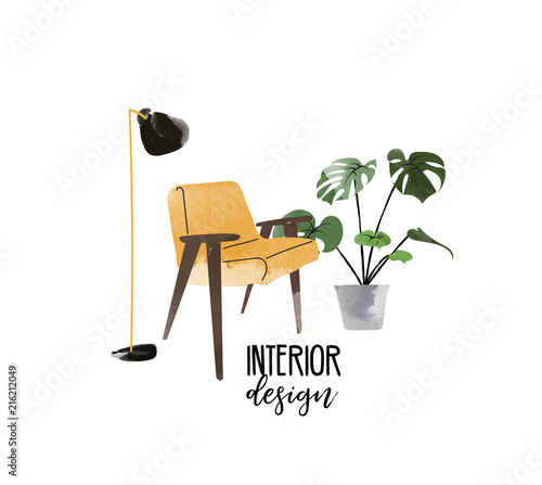 vector interior design hand drawn watercolor illustration. living room furniture sketch.  interior design logo banner.