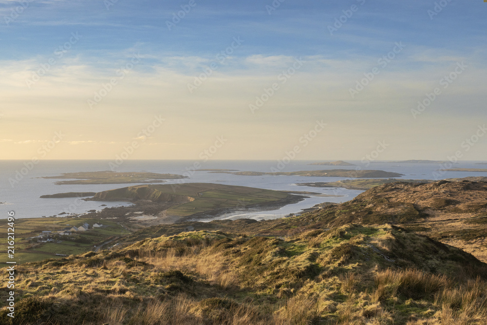 West coast of Ireland, View from Sky road, Clifden, County Galway, Landscape, Atlantic ocean, sky, islands, rough terrain, Famous tourists attraction.
