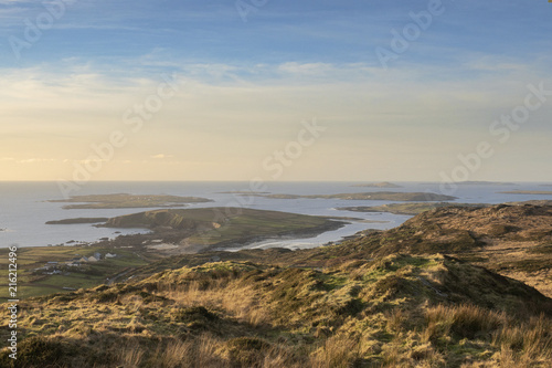 West coast of Ireland, View from Sky road, Clifden, County Galway, Landscape, Atlantic ocean, sky, islands, rough terrain, Famous tourists attraction.