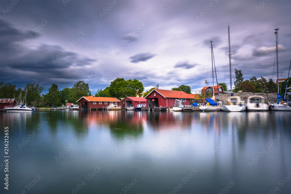 Swedish Archipelago - June 23, 2018: Small town in the island of Moja in the Swedish Archipelago during Midsummer, Sweden