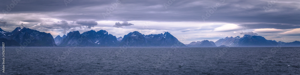 Coastline of the Lofoten Islands from the ferry coming from Bodo, Norway