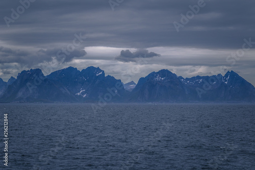 Coastline of the Lofoten Islands from the ferry coming from Bodo, Norway