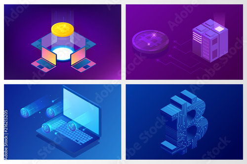Isometric bitcoin mining concept. Cryptocurrency and Blockchain concept. Farm for mining bitcoins. Digital money market, investment, finance and trading. Vector illustration