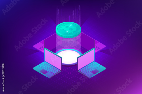 Isometric bitcoin mining concept. Cryptocurrency and Blockchain concept. Farm for mining bitcoins. Digital money market, investment, finance and trading. Vector illustration