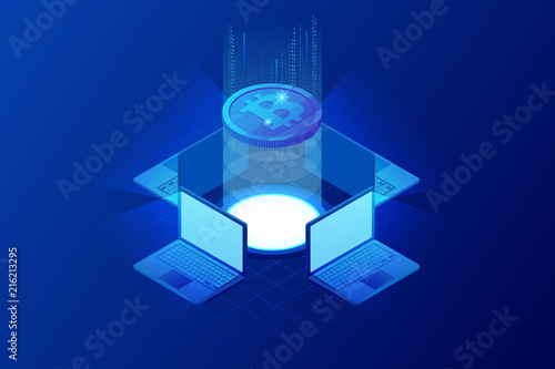 Isometric bitcoin mining concept. Cryptocurrency and Blockchain concept. Farm for mining bitcoins. Digital money market, investment, finance and trading. Vector illustration