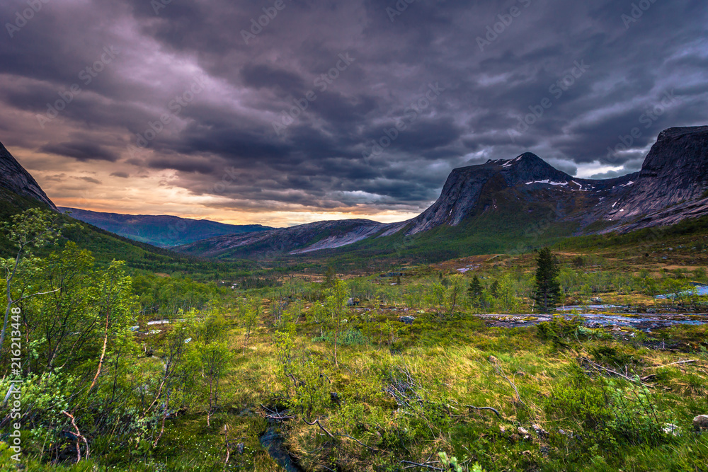 Landscape shot of a wild valley on the Lofoten Islands, Norway