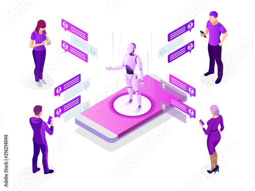 Isometric artificial intelligence concept. AI and business IOT concept. Man communicating with chatbot via instant messenger as an example of artificial intelligence.