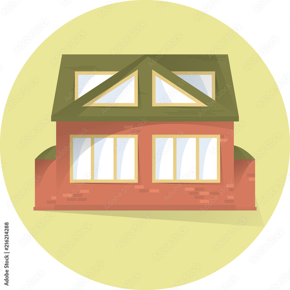 Brick private house, building facade, semi flat style with shadows, vector illustration, home icon Brick private house, building facade, semi flat style with shadows, vector illustration, home icon