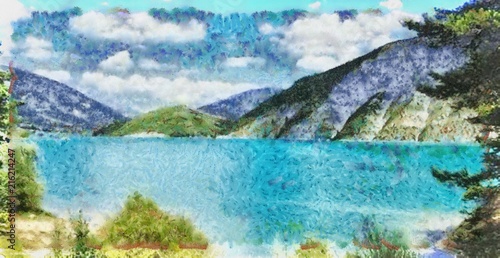 Hand drawing watercolor art on canvas. Artistic big print. Original modern painting. Acrylic dry brush background. Charming view of the riddles of nature. Beautiful mountain landscape. Wild lake.