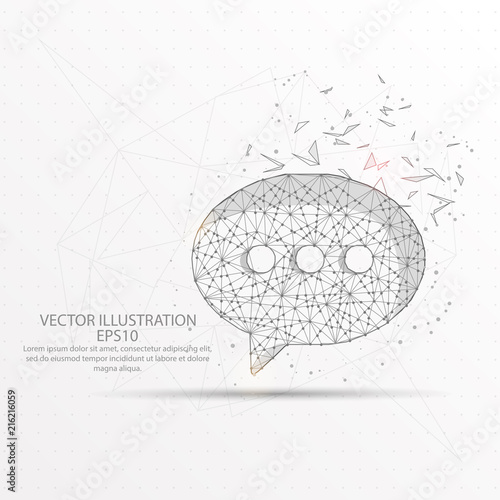 Speech bubble low poly wire frame on white background.
