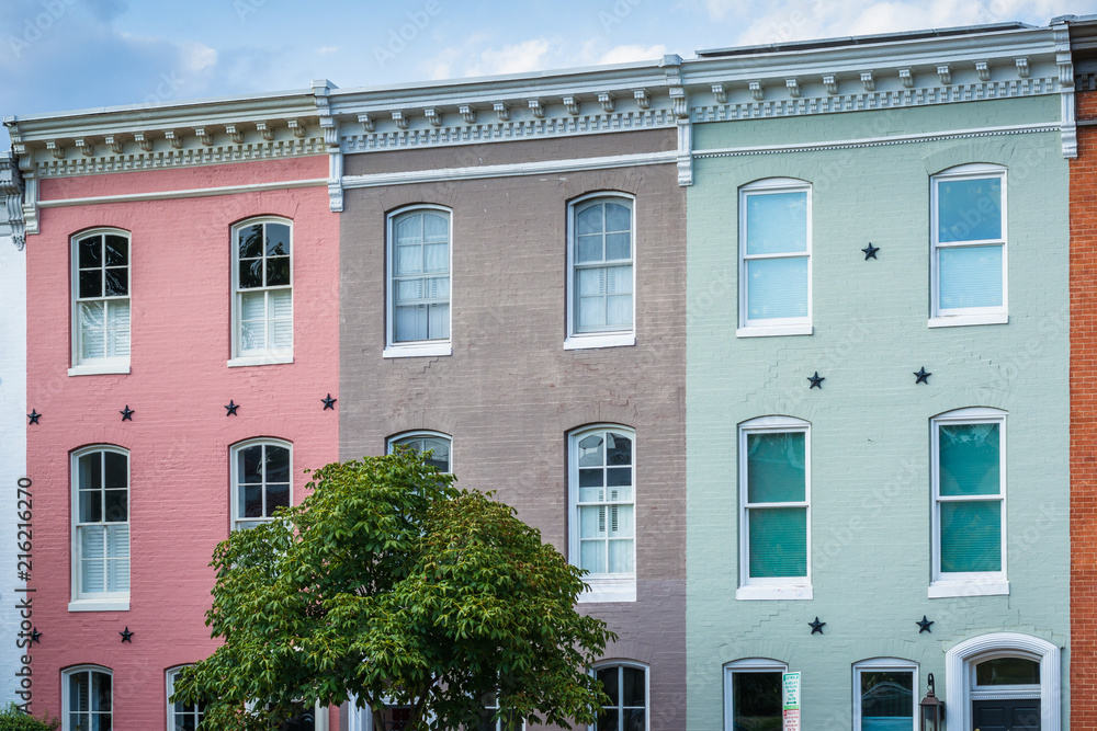 Colorful row houses in Federal Hill, Baltimore, Maryland.