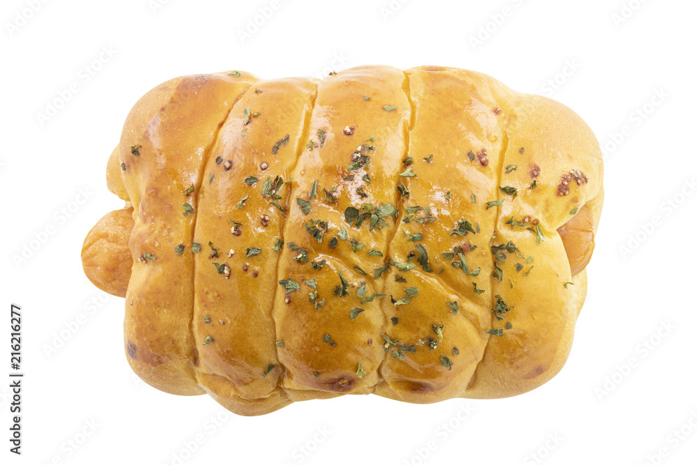 top view of sausage bread isolated on white background