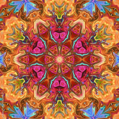 Creative bright mandala. Kaleidoscope abstract wallpaper. Sacred geometry digital painting art. Ethnic fractal artwork. Symmetric stylish graphic design pattern. Print for fabric  textile or paper.