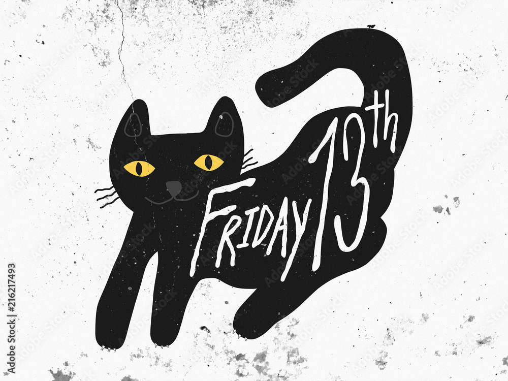 Friday 13th black cat cartoon painting on dark white grunge background  illustration Stock Illustration | Adobe Stock