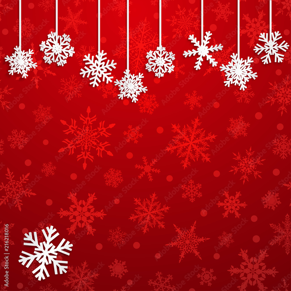 Christmas illustration with white hanging snowflakes on red background