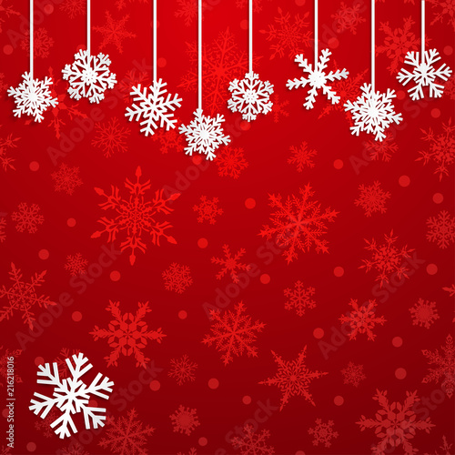 Christmas illustration with white hanging snowflakes on red background