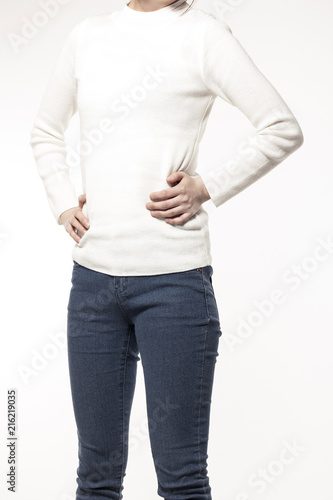 woman wearing a denim and white shirts isolated white.
