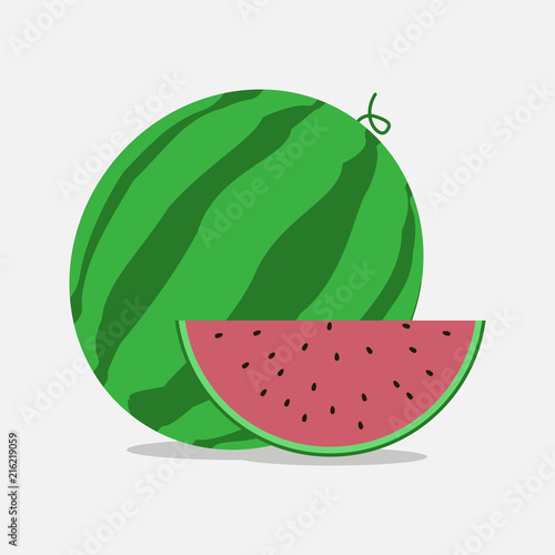 Fresh and juicy whole watermelon and slice in a flat style, for your design. Vector Illustration