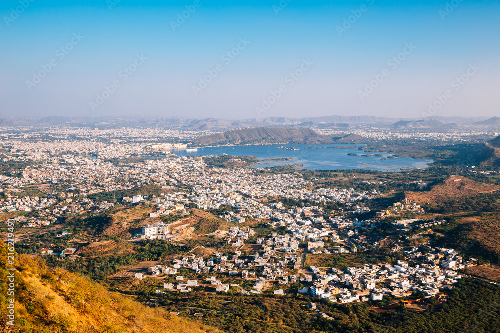Pichola lake and old town from Monsoon Palace in Udaipur, India