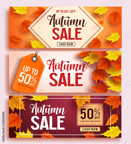 Autumn sale vector banner design set with colorful maple leaves elements in background and discount text for fall season shopping promotion. Vector illustration.
