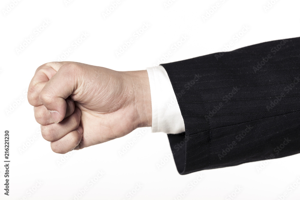 business man hand closeup isolated white.