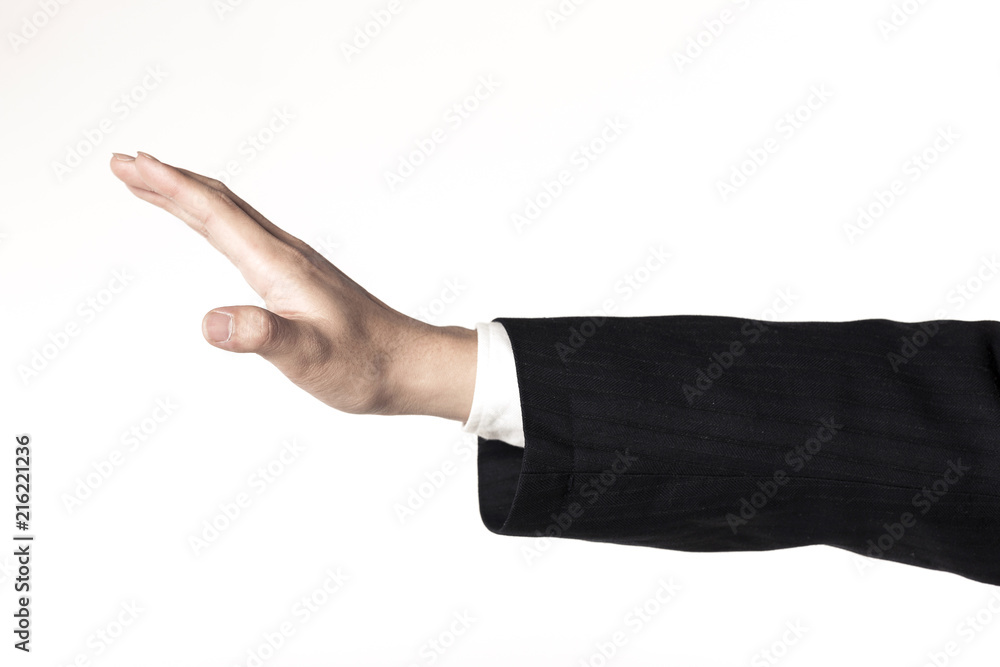 business man hand closeup means stop isolated white. business man hand closeup means stop isolated white.