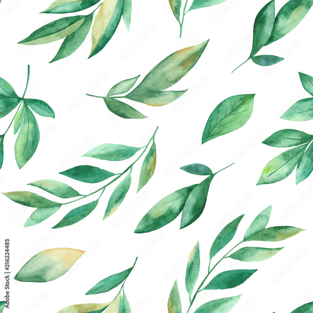 Watercolor seamless pattern with peony leaves. Texture with leaves, branches, foliage on a white background. Perfect for a wedding, wallpaper, fabric, wrapping paper.