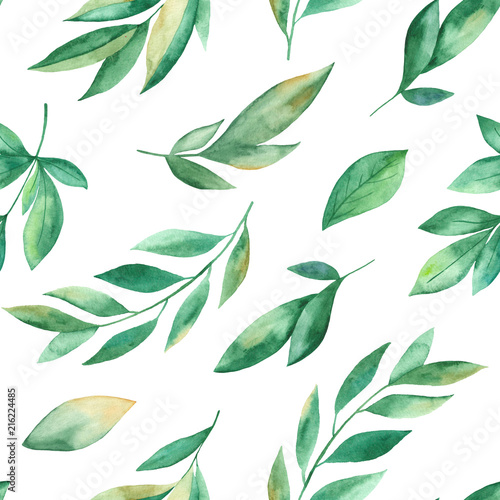 Watercolor seamless pattern with peony leaves. Texture with leaves  branches  foliage on a white background. Perfect for a wedding  wallpaper  fabric  wrapping paper.