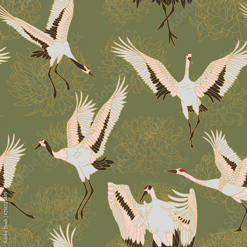 Japanese pattern. Seamless vector ornament with traditional motives. Japanese pattern with storks and chrysanthemum