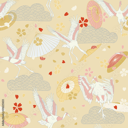 Japanese pattern. Seamless vector ornament with traditional motives. Japanese pattern with storks and sakura. Japanese umbrellas