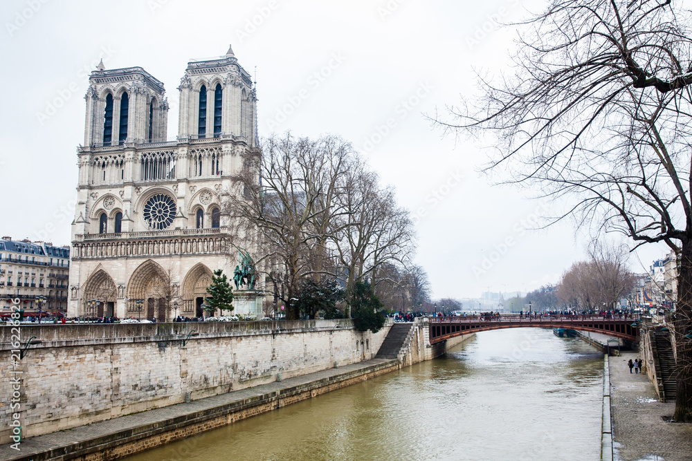 Cathedral of Our Lady of Paris and the Seine river in a freezing winter day just before spring
