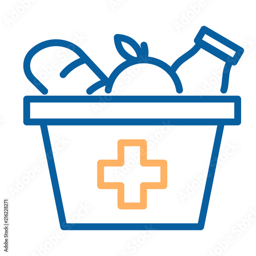 Food box with a orange cross icon. Vector thin line illustration. Grocery provisions donation. Helping those in need, homeless people, disaster victims.