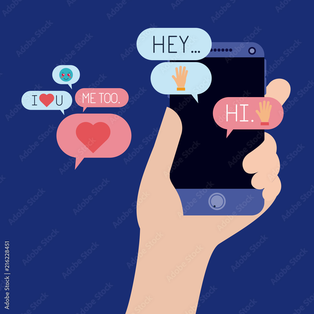 hand with smartphone and set speech bubbles and emoticons hand with smartphone and set speech bubbles and emoticons