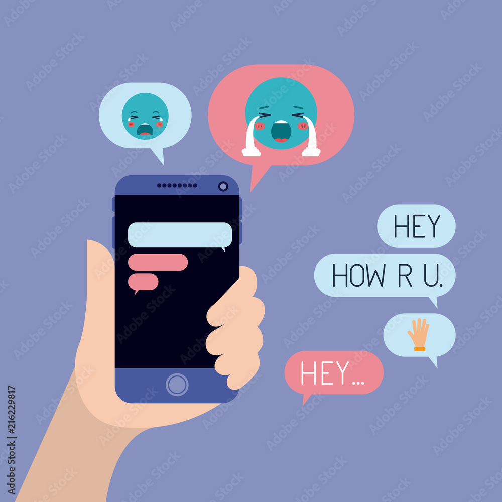 hand with smartphone and set speech bubbles and emoticons hand with smartphone and set speech bubbles and emoticons