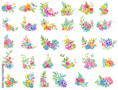 Watercolor beautiful floral design. Bright floral compositions over white