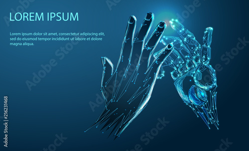 Robot arm and hand human. Abstract image of a starry sky or space, consisting of points, lines, and shapes in the form of planets, stars and the universe. Low poly vector