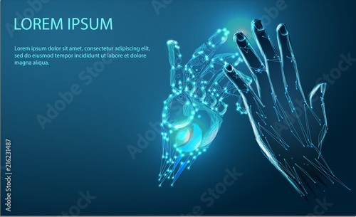 Robot arm and hand human. Abstract image of a starry sky or space, consisting of points, lines, and shapes in the form of planets, stars and the universe. Low poly vector
