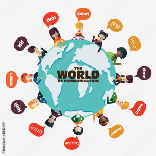 Set of social people on World map with speech bubbles in different languages. Male and female faces avatars. Communication, chat, assistance, interpretation and people connection vector concept
