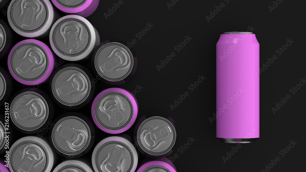 Big black, white and purple soda cans on black background Big black, white and purple soda cans on black background