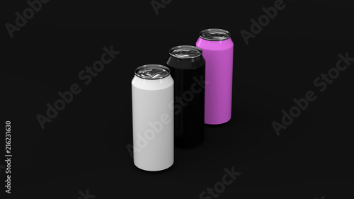 Raw of black, white and purple soda cans